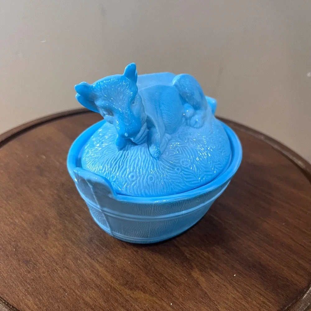 Vtg Westmoreland Blue Slag Glass Cow on Nest Tub Lidded Butter Dish